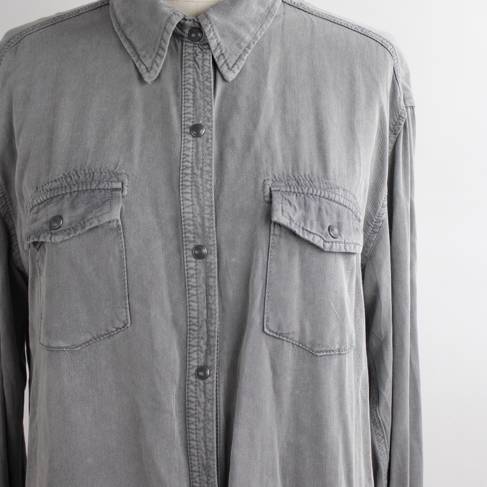 Draped Gray Button Down Rayon Shirt Distressed Top - image 3